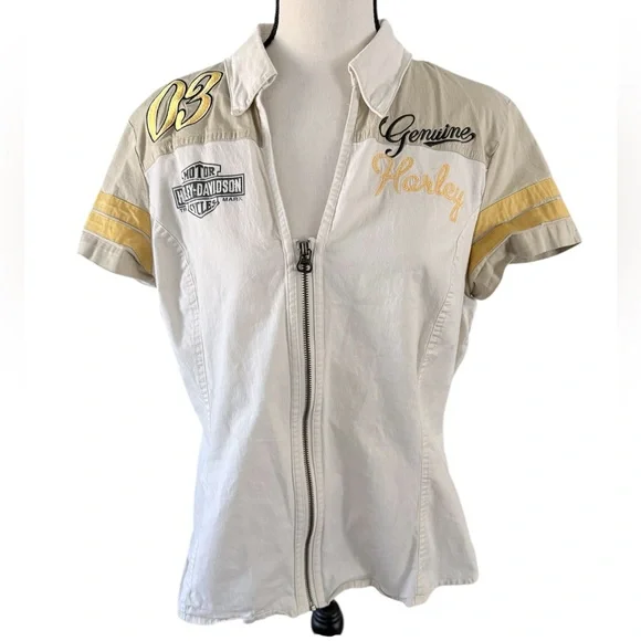 Harley Davidson Genuine Motorcycle Cream Yellow Utility Bowling Shirt Size L - Picture 1 of 4